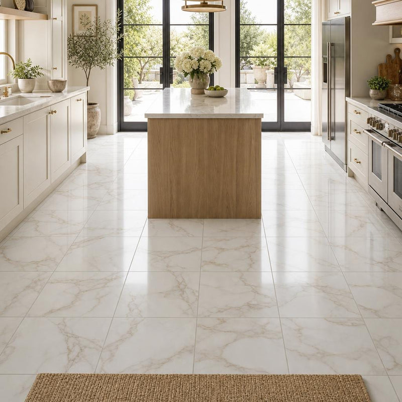 Calacata Gold 12x12 Polished Veined Marble Tile — Kitchen floor