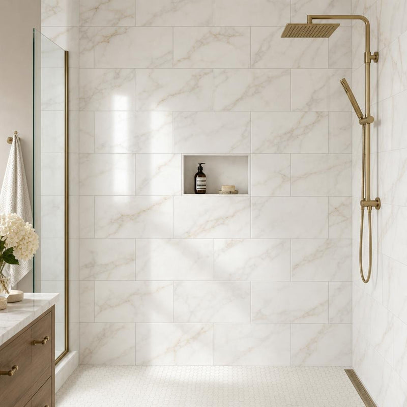 Calacata Gold 12x24 Honed Veined Marble Tile — Bathroom shower wall