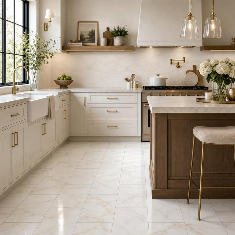Calacata Gold 12x24 Honed Veined Marble Tile — Kitchen floor