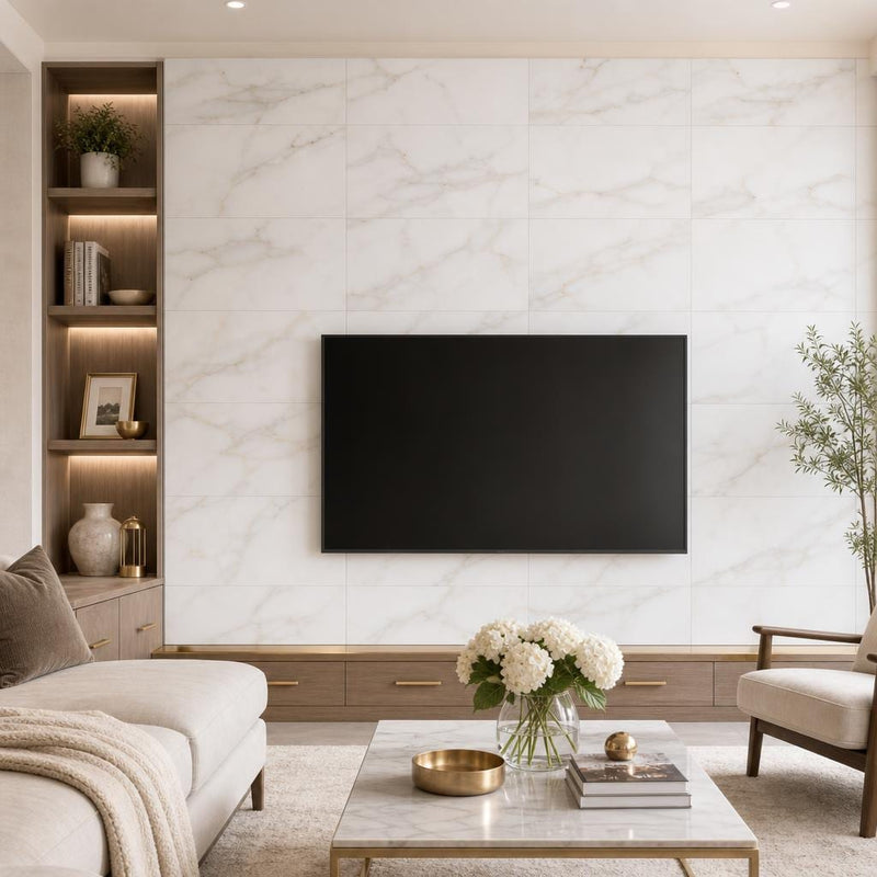 Calacata Gold 12x24 Honed Veined Marble Tile — Living Room feature wall
