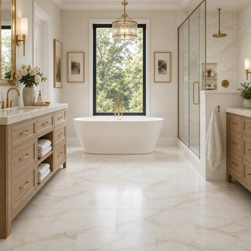 Calacata Gold 12x24 Honed Veined Marble Tile — Primary Bath floor