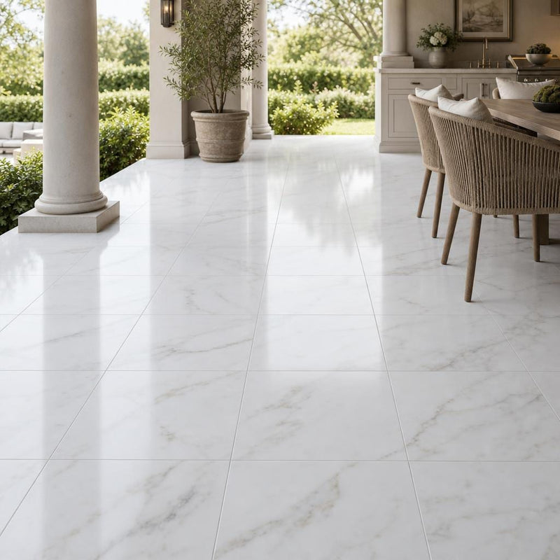 Calacata Gold 18x18 Honed Veined Marble Tile — Covered Patio floor