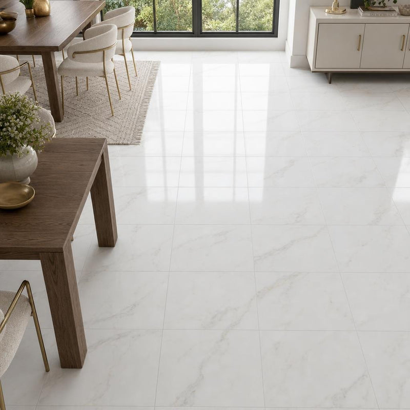 Calacata Gold 18x18 Honed Veined Marble Tile — Dining Room floor