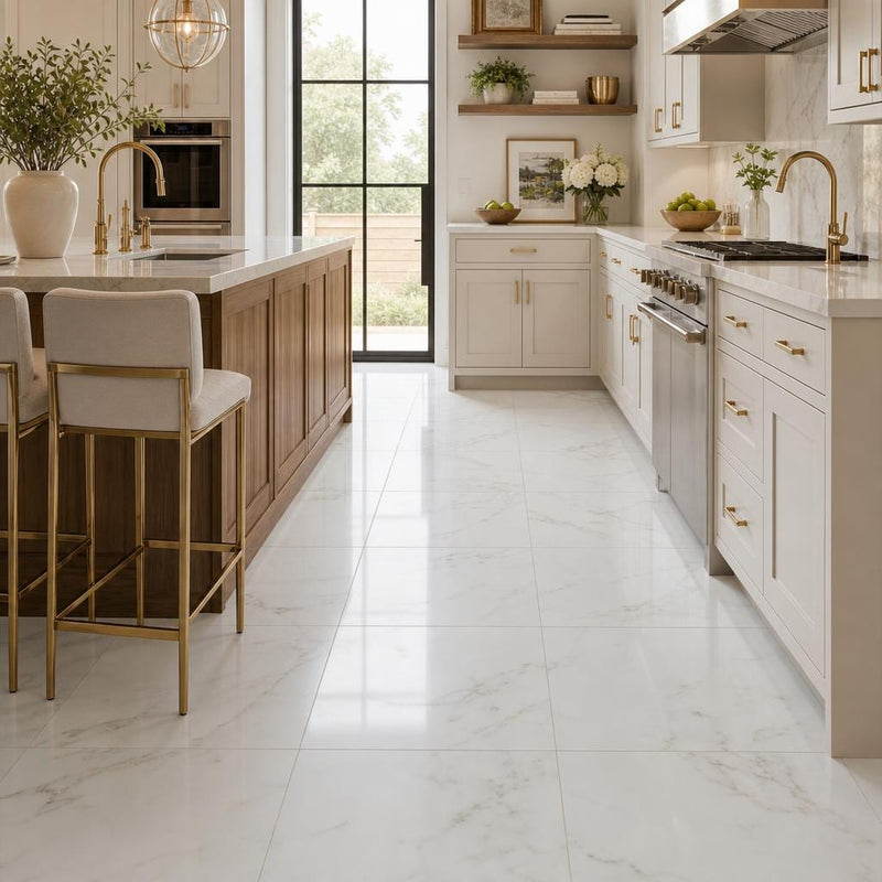 Calacata Gold 18x18 Honed Veined Marble Tile — Kitchen floor