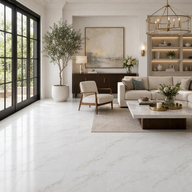Calacata Gold 18x18 Honed Veined Marble Tile — Living Room floor