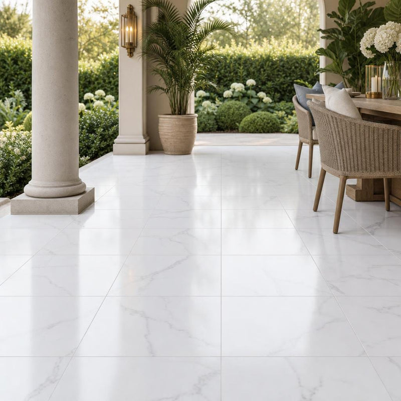 Calacata Gold 18x18 Polished Veined Marble Tile — Covered Patio floor
