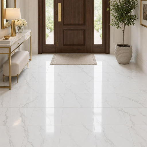 Calacata Gold 18x18 Polished Veined Marble Tile — Foyer floor