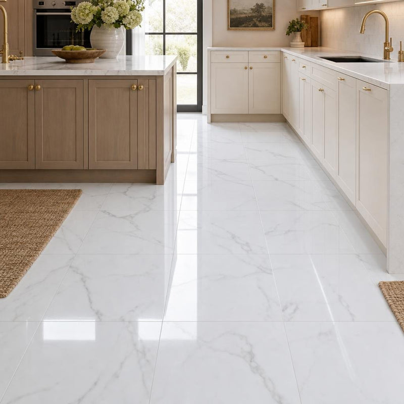 Calacata Gold 18x18 Polished Veined Marble Tile — Kitchen floor