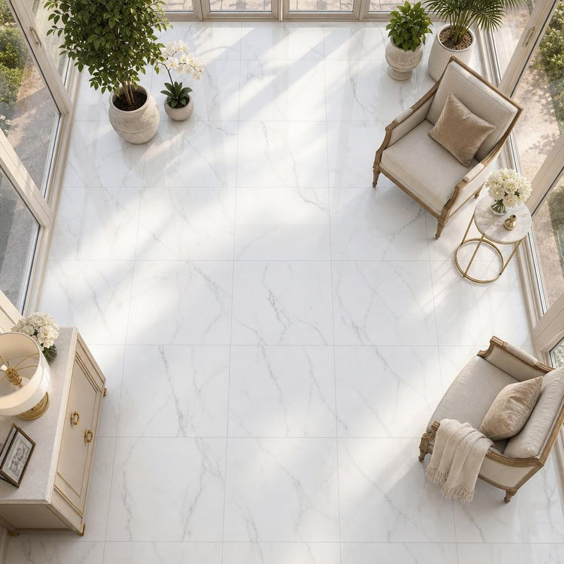 Calacata Gold 18x18 Polished Veined Marble Tile — Sunroom floor