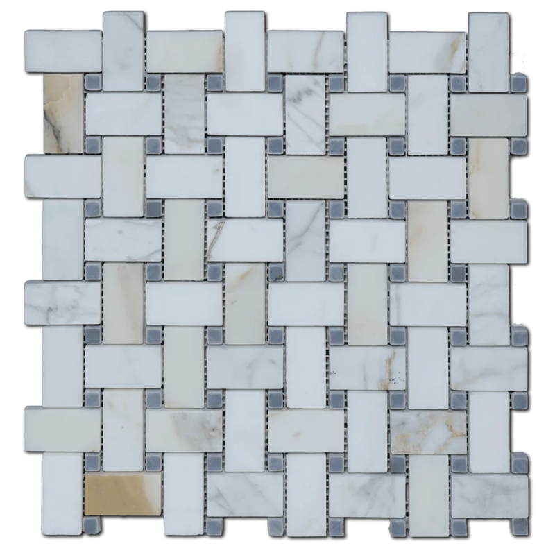 Calacata Gold Basket Weave Grey Dots 12x12 Polished Veined Marble Mosaic
