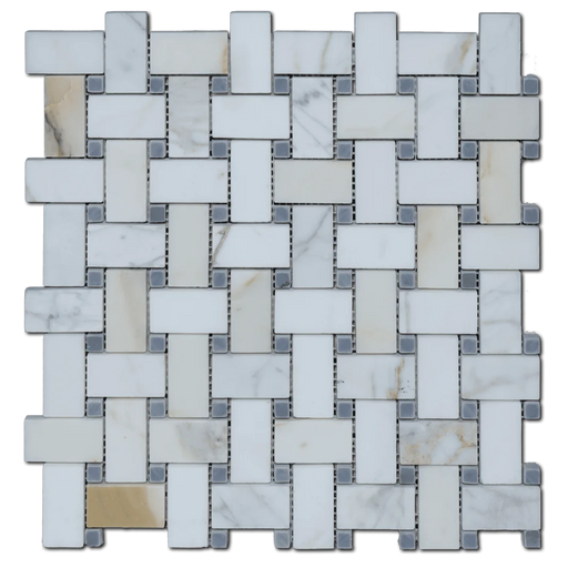 Calacata Gold Basket Weave Grey Dots 12x12 Honed Veined Marble Mosaic