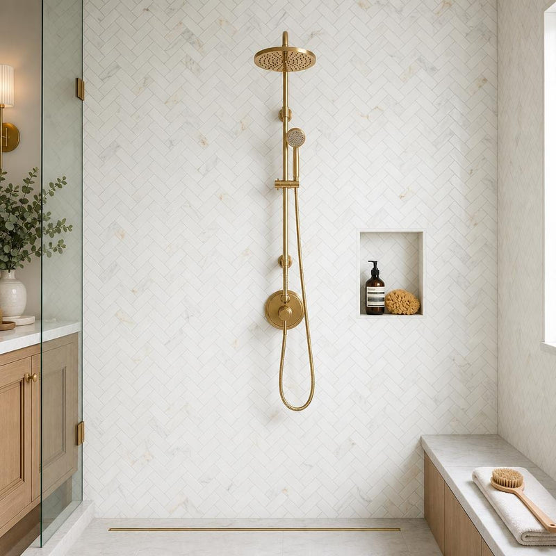 Calacata Gold Herringbone 1x2 Honed Veined Marble Mosaic — Bathroom shower wall