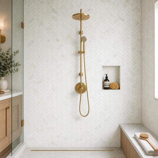 Calacata Gold Herringbone 1x2 Honed Veined Marble Mosaic — Bathroom shower wall