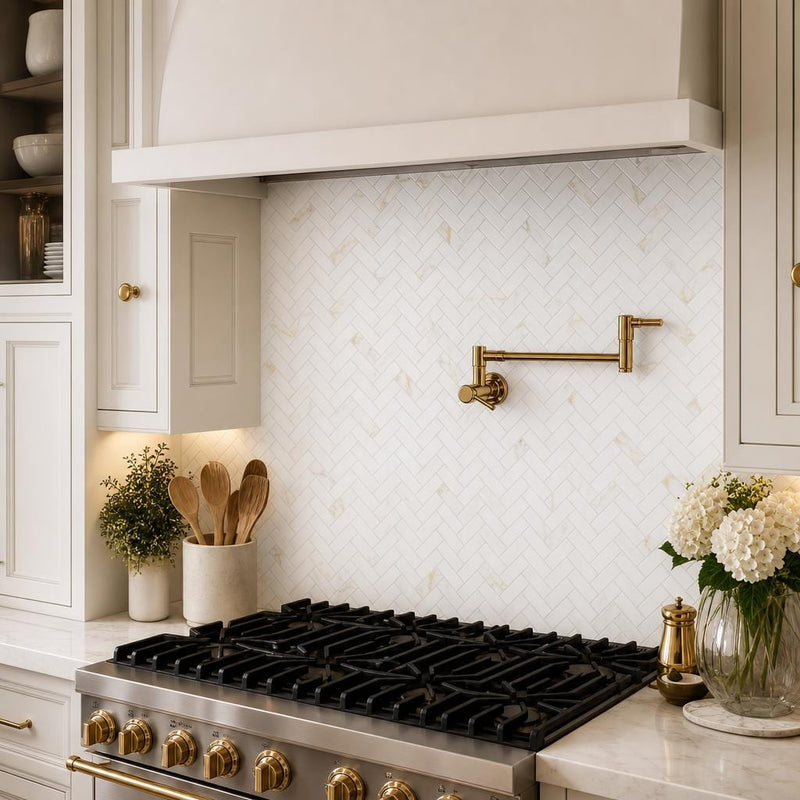 Calacata Gold Herringbone 1x2 Honed Veined Marble Mosaic — Kitchen backsplash