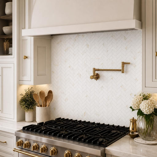 Calacata Gold Herringbone 1x2 Honed Veined Marble Mosaic — Kitchen backsplash