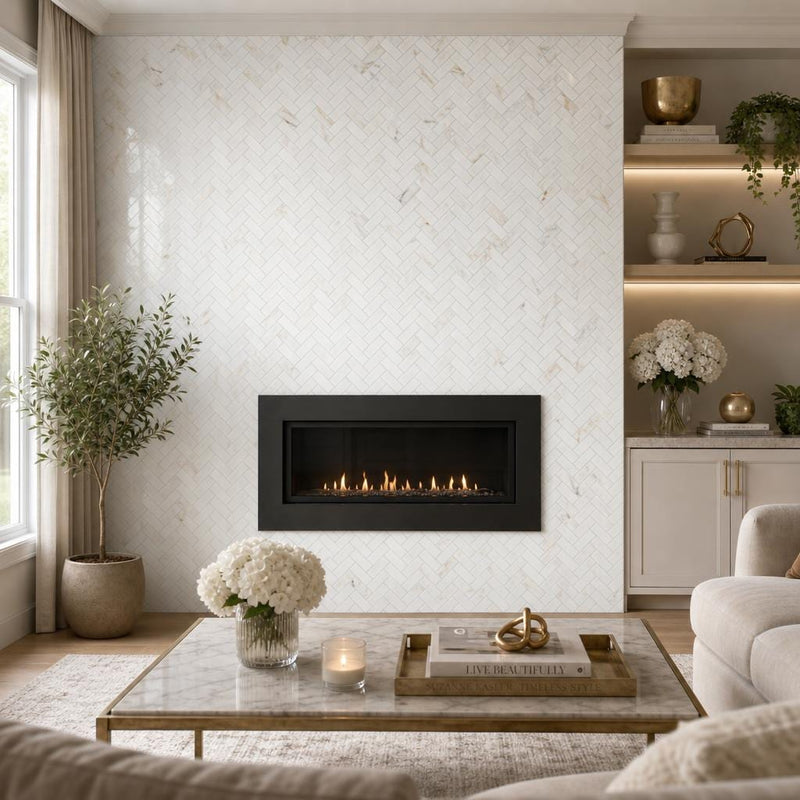 Calacata Gold Herringbone 1x2 Honed Veined Marble Mosaic — Living Room accent wall