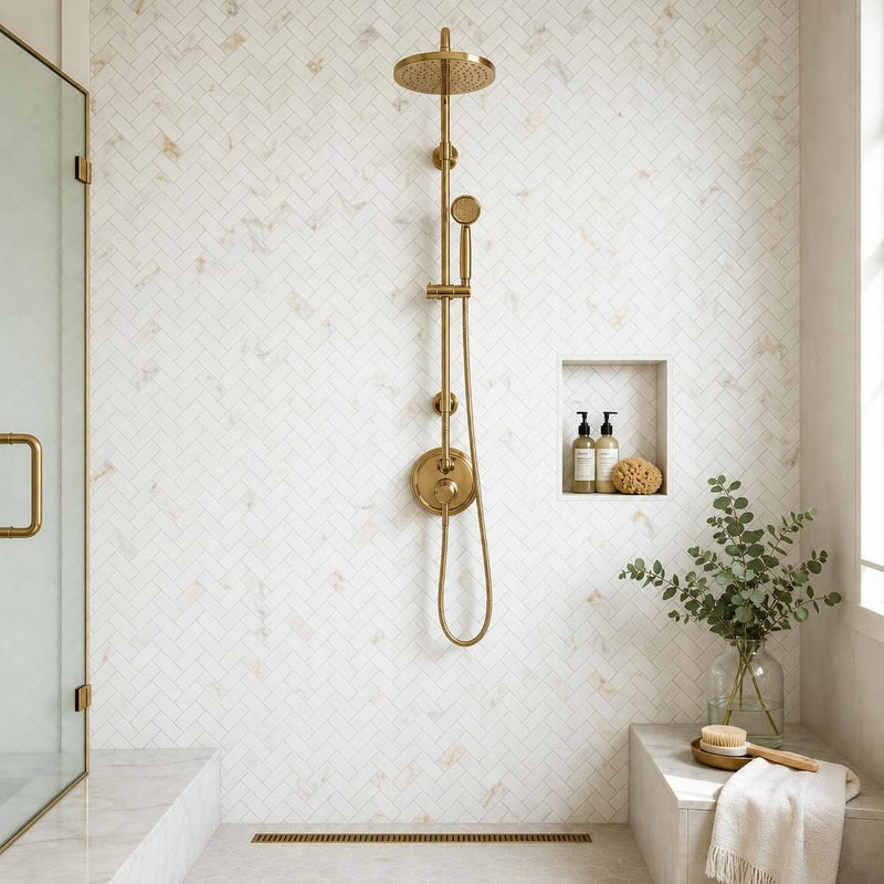 Calacata Gold Herringbone 1x2 Polished Veined Marble Mosaic — Bathroom shower wall