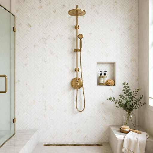 Calacata Gold Herringbone 1x2 Polished Veined Marble Mosaic — Bathroom shower wall