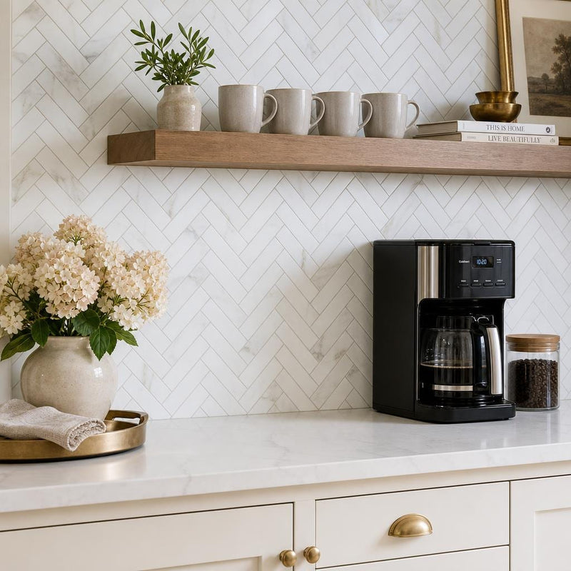 Calacata Gold Herringbone 1x4 Honed Veined Marble Mosaic — Kitchen backsplash