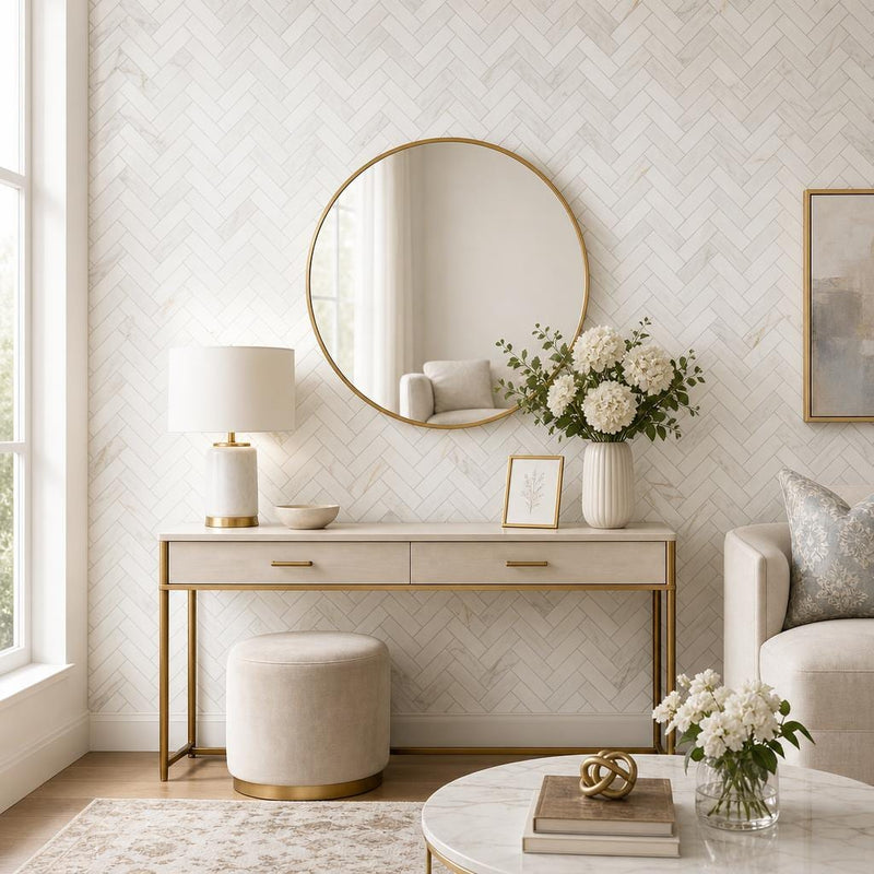 Calacata Gold Herringbone 1x4 Honed Veined Marble Mosaic — Living Room accent wall