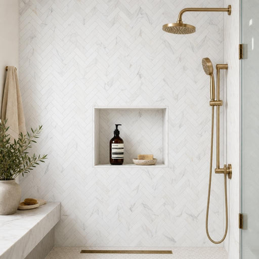 Calacata Gold Herringbone 1x4 Polished Veined Marble Mosaic — Bathroom shower wall