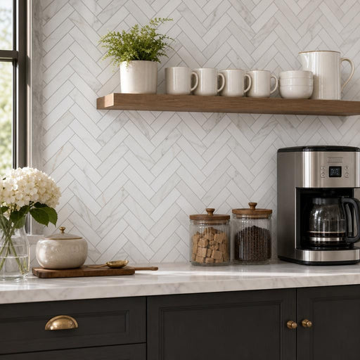 Calacata Gold Herringbone 1x4 Polished Veined Marble Mosaic — Kitchen backsplash