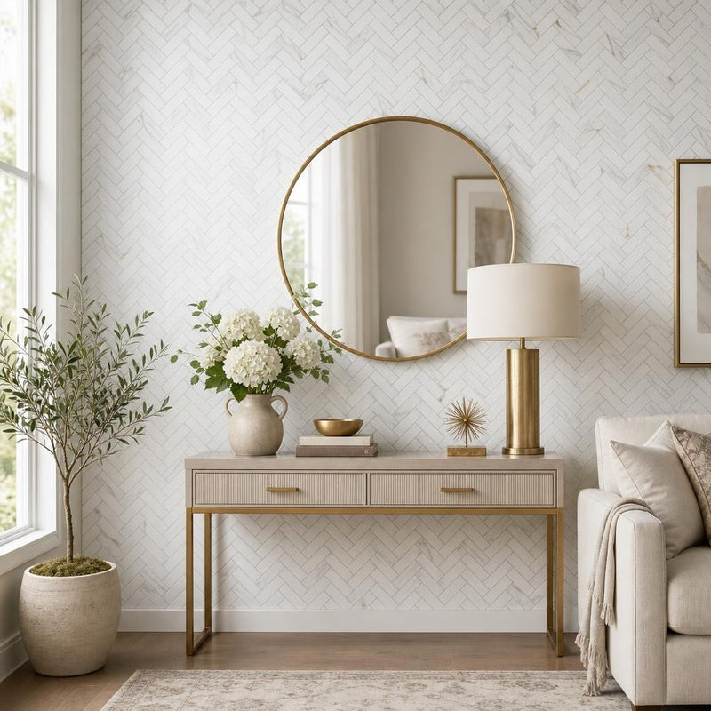 Calacata Gold Herringbone 1x4 Polished Veined Marble Mosaic — Living Room accent wall
