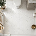 Calacata Gold Herringbone 1x4 Polished Veined Marble Mosaic — Powder Room floor