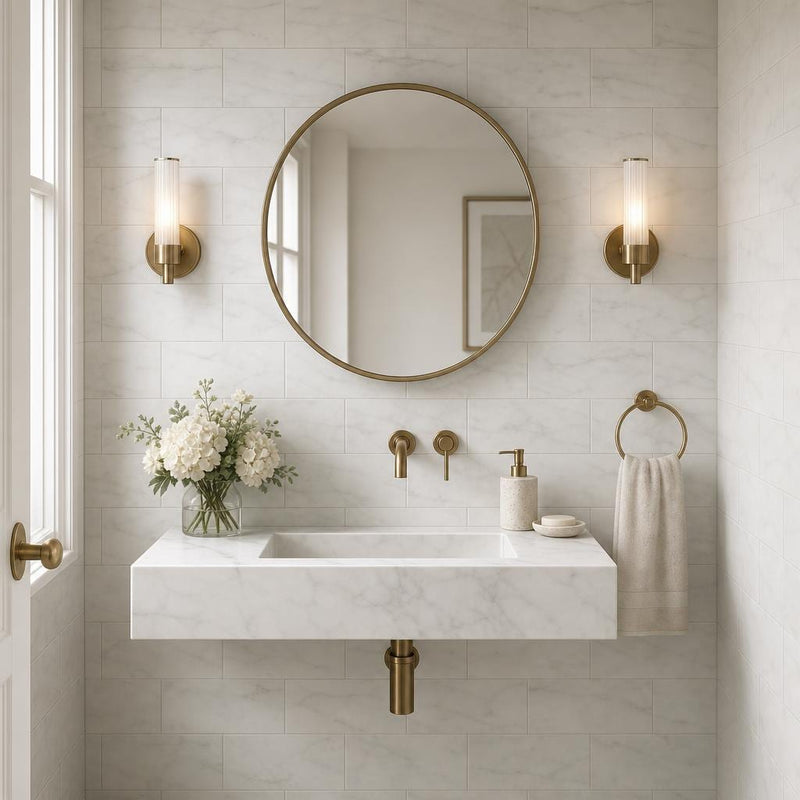 Calacata Gold Subway 6x12 Honed Veined Marble Tile — Powder Room wall