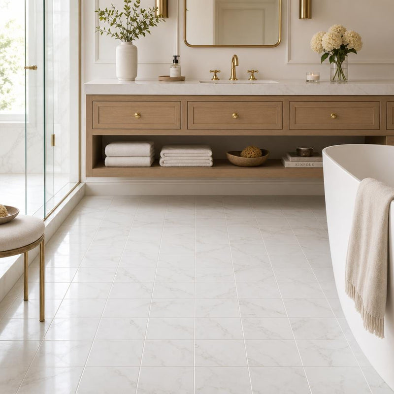 Calacata Gold Subway 6x12 Polished Veined Marble Tile — Bathroom floor