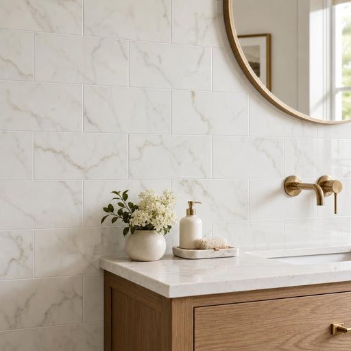 Calacata Gold Subway 6x12 Polished Veined Marble Tile — Bathroom wall