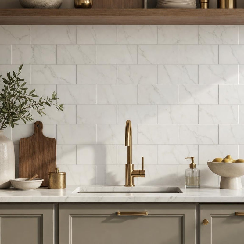 Calacata Gold Subway 6x12 Polished Veined Marble Tile — Kitchen backsplash