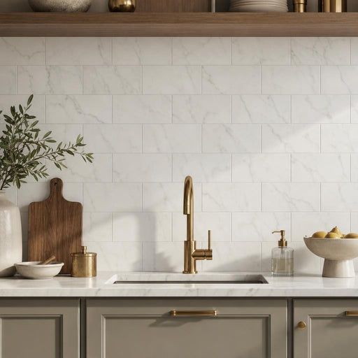 Calacata Gold Subway 6x12 Polished Veined Marble Tile — Kitchen backsplash