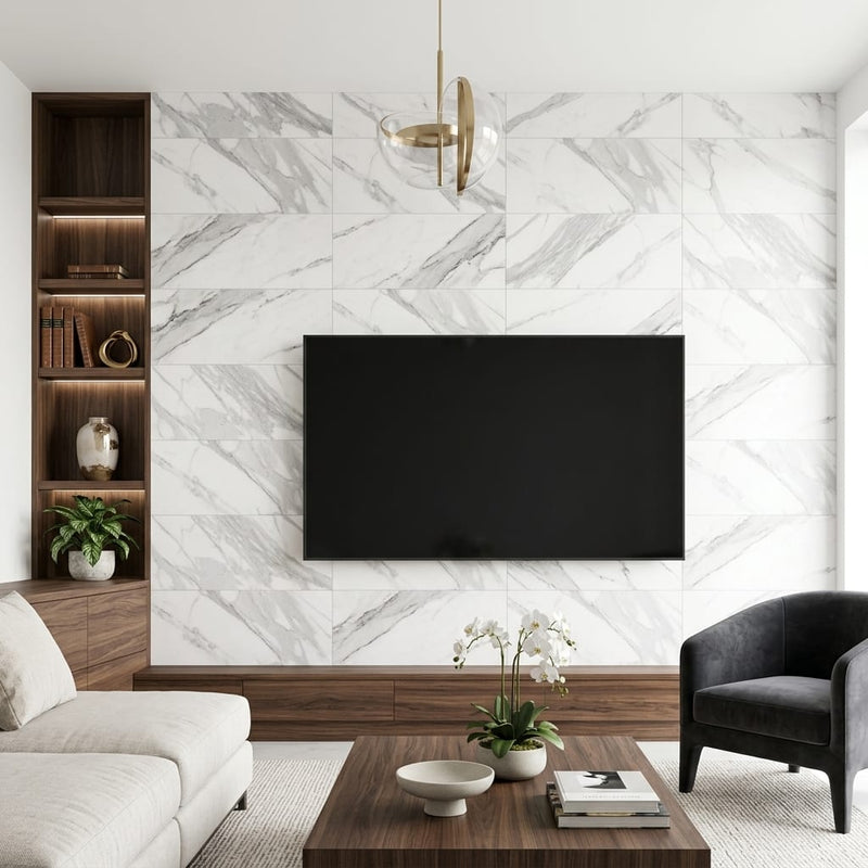Calacatta 24x12 Honed Marble Tile 12x24 — Living Room feature wall