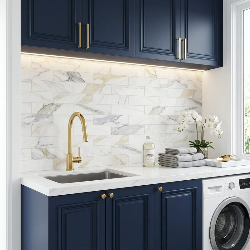 Calacatta 3x12 Honed Marble Tile — Laundry Room backsplash