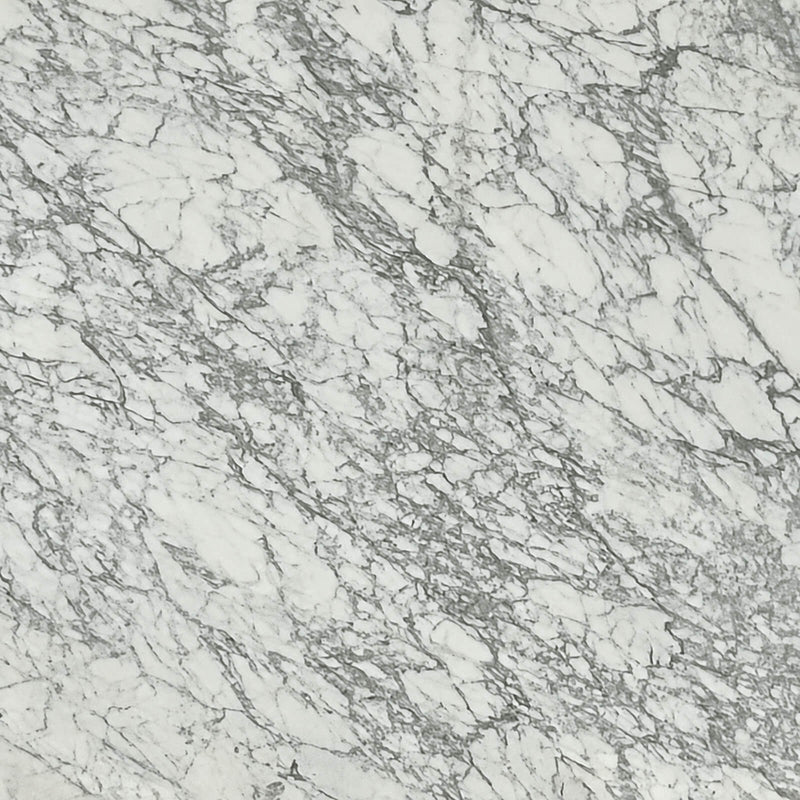 Calacatta Belgia polished 2cm marble slab close-up with a pale cream-gray background and a dense branching gray vein pattern.