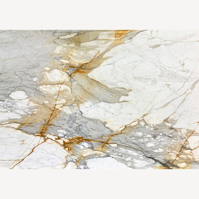 Calacatta Borghini Macchia Vecchia Selection 2cm polished marble slab with a white background, broad gray veining, and warm gold accents.
