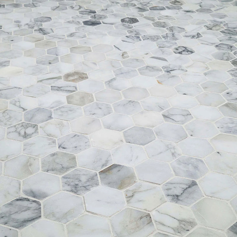 Calacatta Cressa 2" Hexagon Pattern Honed Marble Mosaic Tile