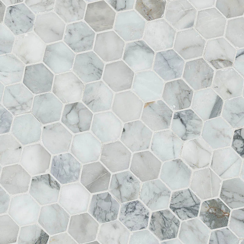 Calacatta Cressa 2" Hexagon Pattern Honed Marble Mosaic Tile