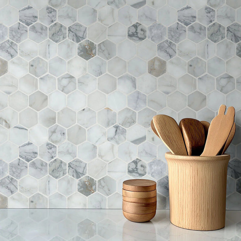 Calacatta Cressa 2" Hexagon Pattern Honed Marble Mosaic Tile