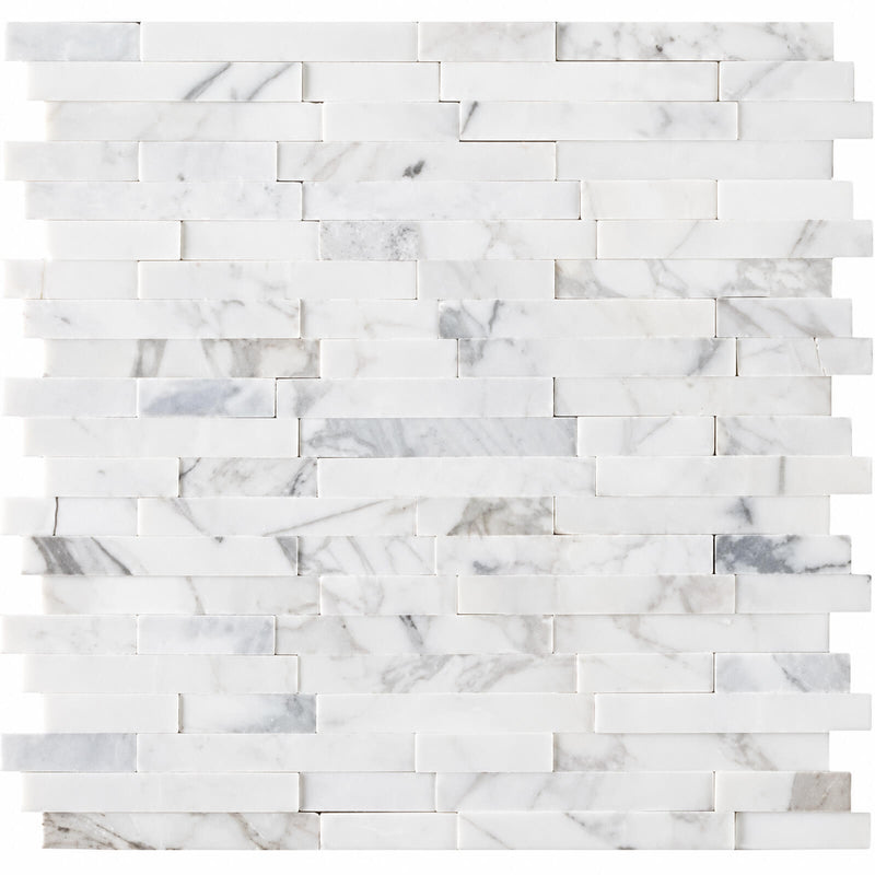 Calacatta Cressa interlocking 3D peel and stick honed marble mosaic tile with white and light gray veined rectangular strips.