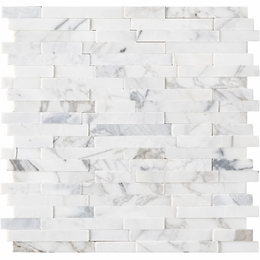 Calacatta Cressa interlocking 3D peel and stick honed marble mosaic tile with white and light gray veined rectangular strips.