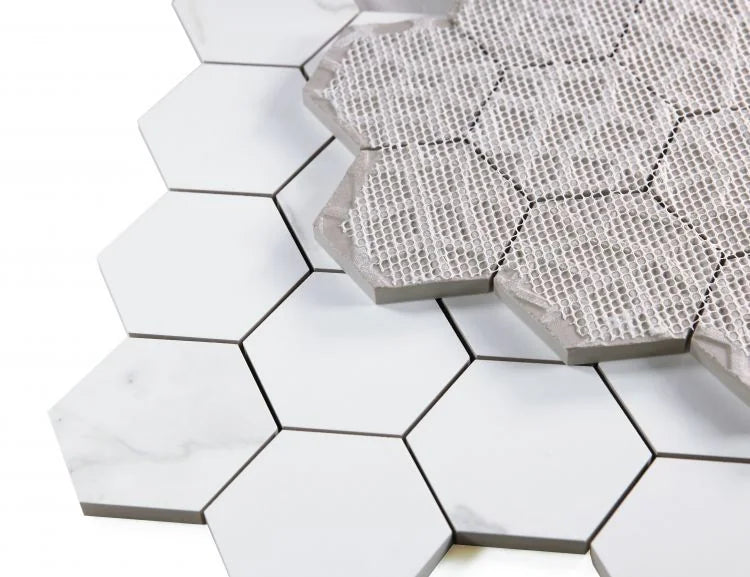 Calacatta Dorado 3x3 Hexagon Matte Marble Look Porcelain Mosaic