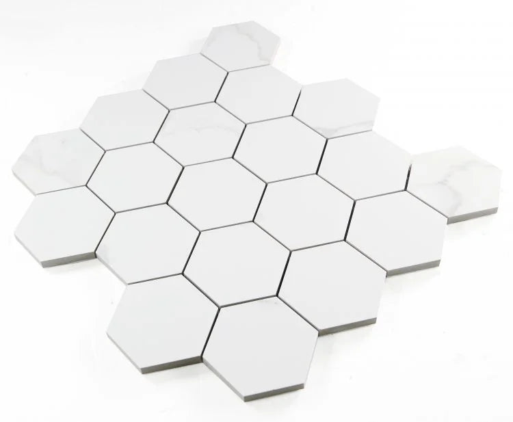 Calacatta Dorado 3x3 Hexagon Matte Marble Look Porcelain Mosaic