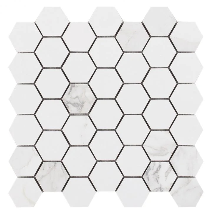 Calacatta Dorado 2x2 Hexagon Marble Look Porcelain Mosaic