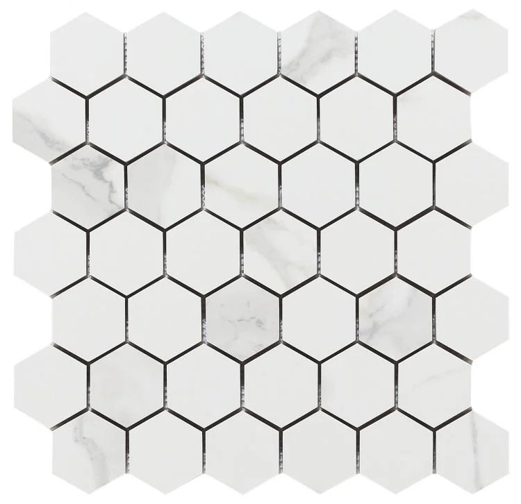 Calacatta Dorado 2x2 Hexagon Polished Marble Look Porcelain Mosaic
