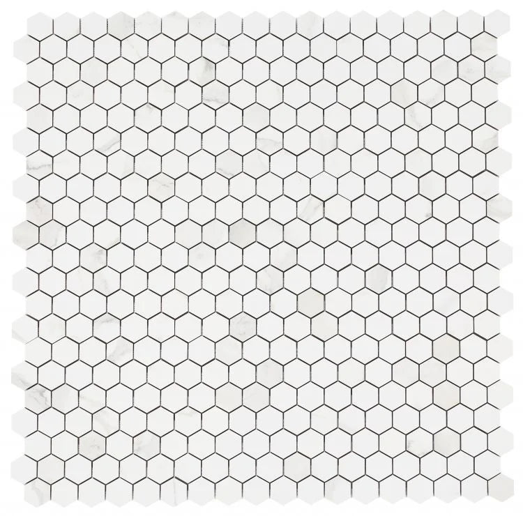 Calacatta Dorado 2x2 Hexagon Polished Marble Look Porcelain Mosaic