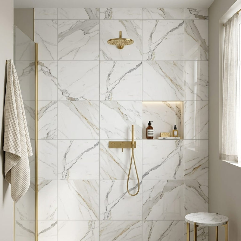 Calacatta Dorado 24x24 Polished Marble Look Porcelain Tile — Bathroom shower wall
