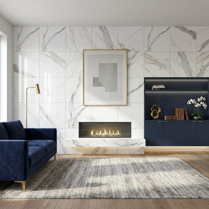 Calacatta Dorado 24x24 Polished Marble Look Porcelain Tile — Living Room feature wall