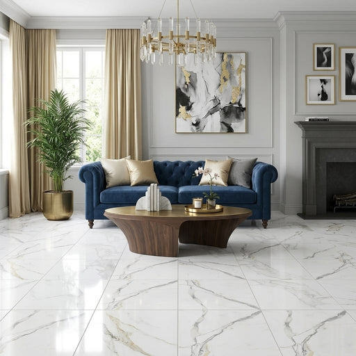 Calacatta Dorado 24x24 Polished Marble Look Porcelain Tile — Living Room floor
